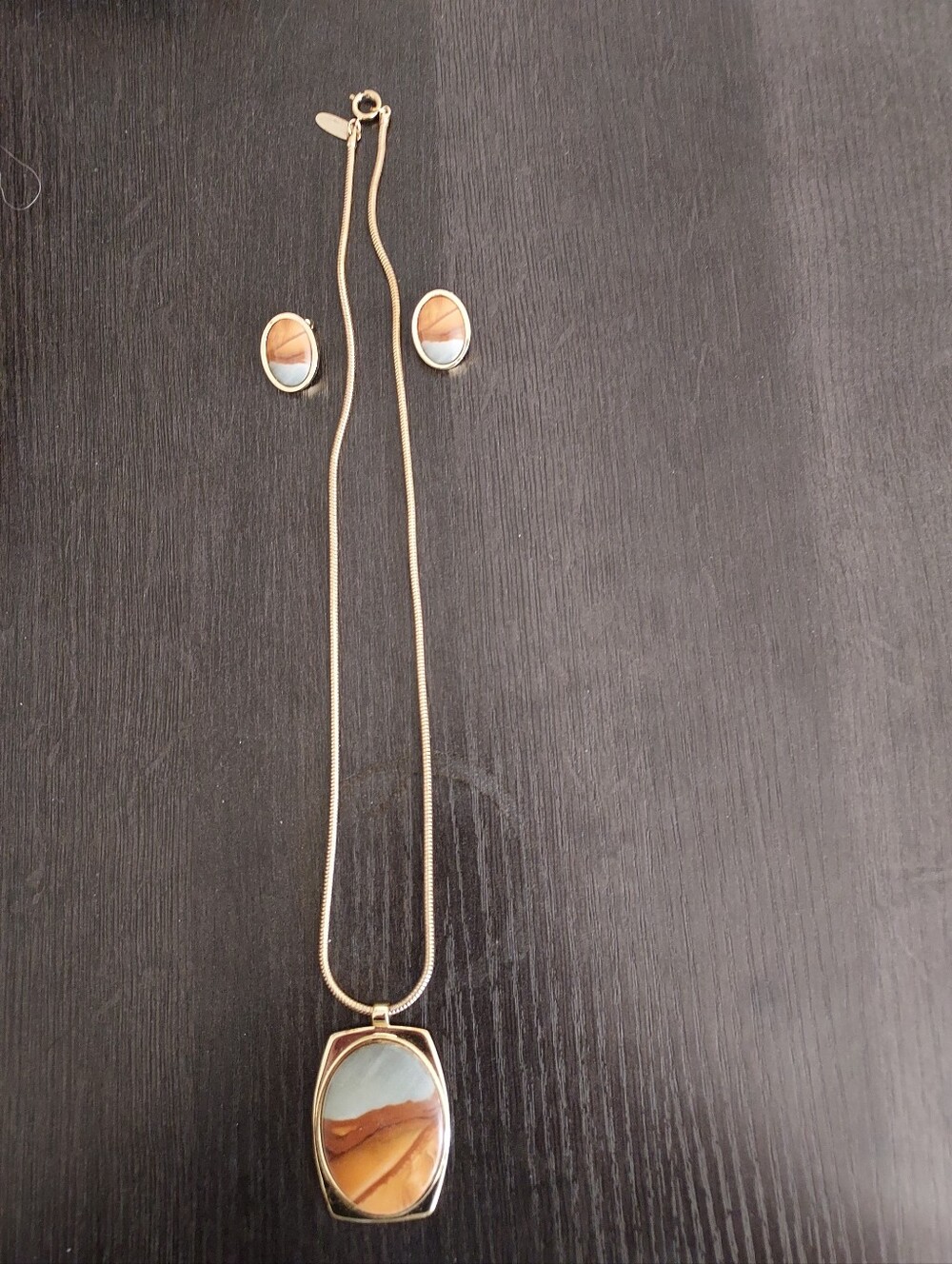 Gold-Tone Pendant Necklace and Stud Earrings with Beige and Light Blue Stone
